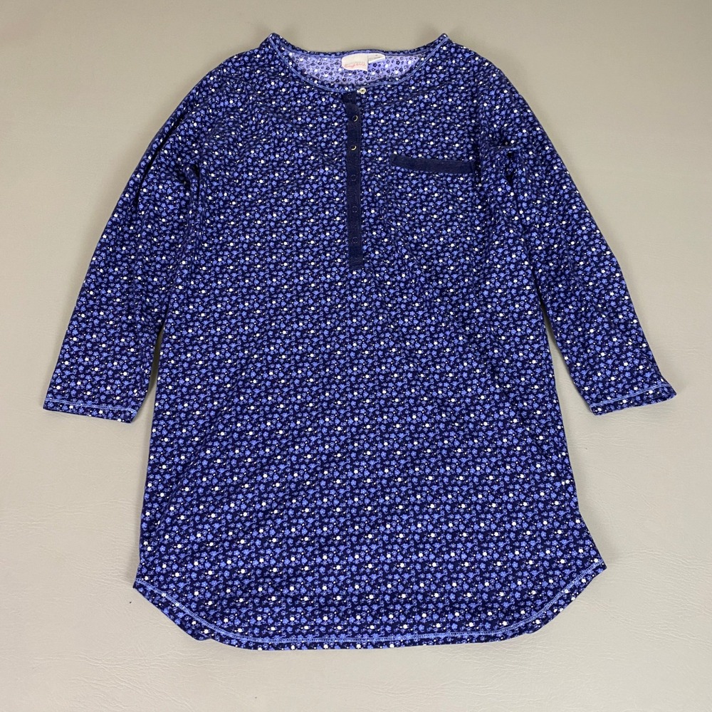 Body Drama Nightgown Sleep Shirt Women's Size Medium Blue Floral‎ Print Henley